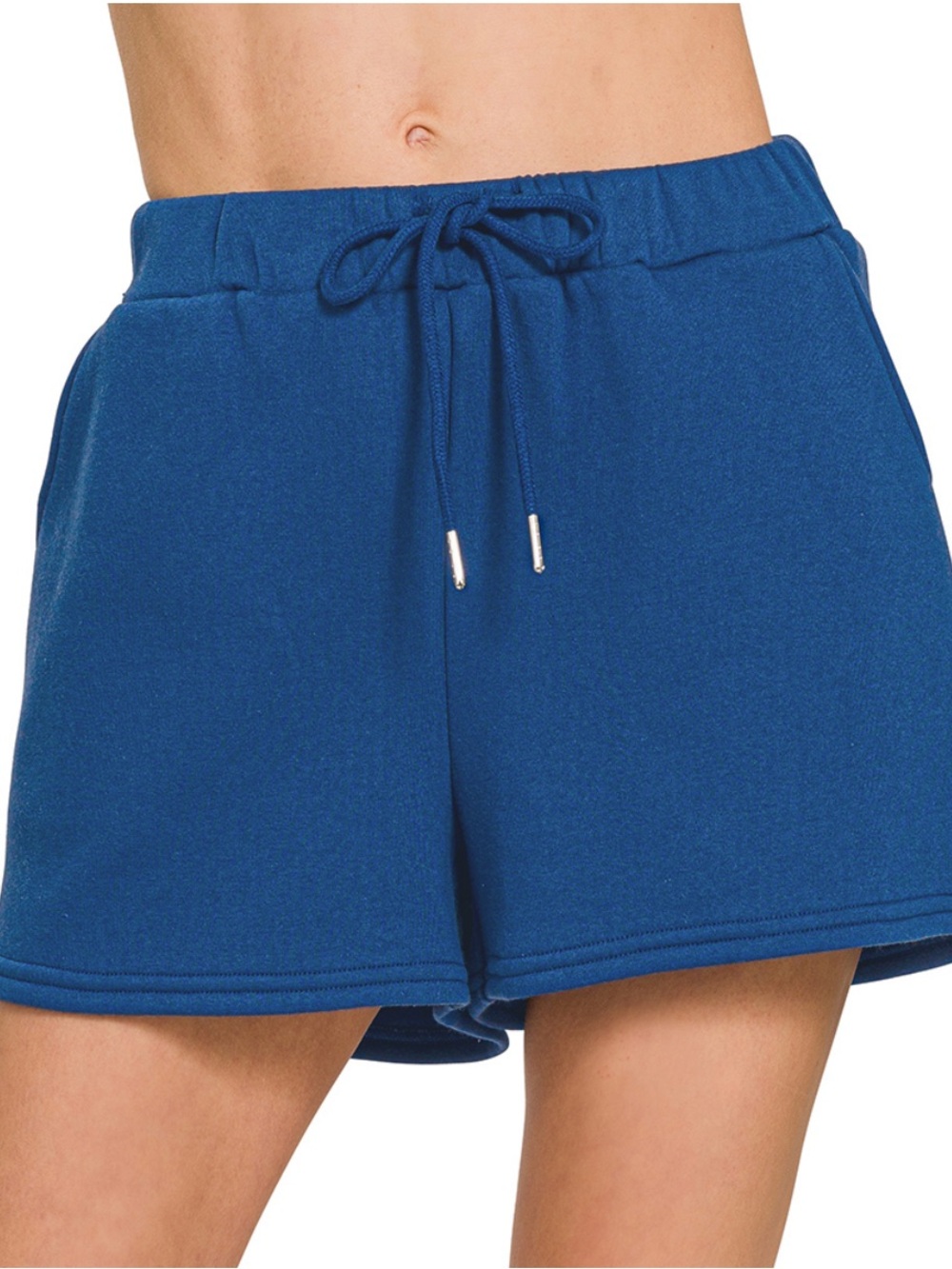Zenana LT Navy Fleece Drawstring Shorts with Pockets – S, M